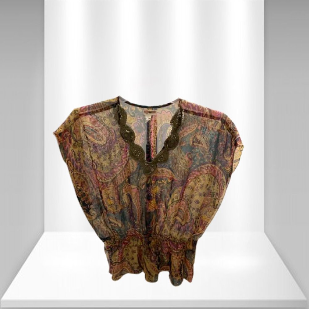 Sugar Tart Women's Ladies Multi Color Print Silk Chiffon Peplum Blouse Size 3